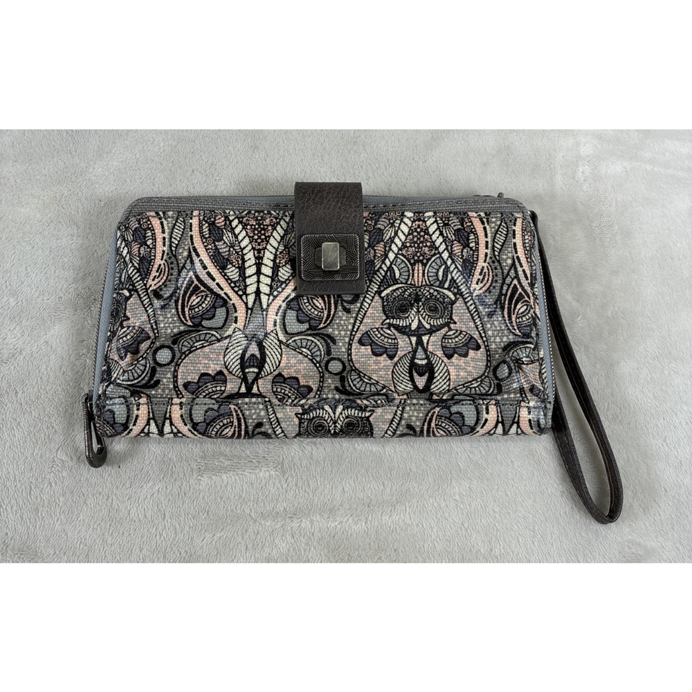 Sakroots Black Gray Owl Wristlet Zip Around Wallet EUC. Benefits Charity